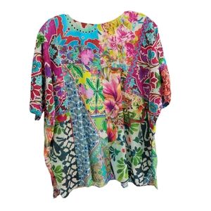 JOHNNY WAS XL Cotton Voile Multi Summer Cool Artsy Patchwork Boho Chic V-neck